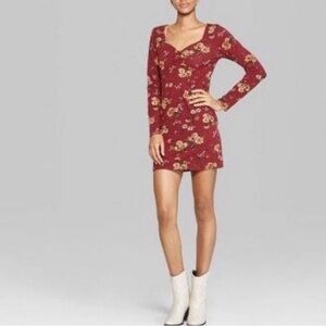 Wild Fable Floral Long-Sleeve Red/burgandy Mini Dress
